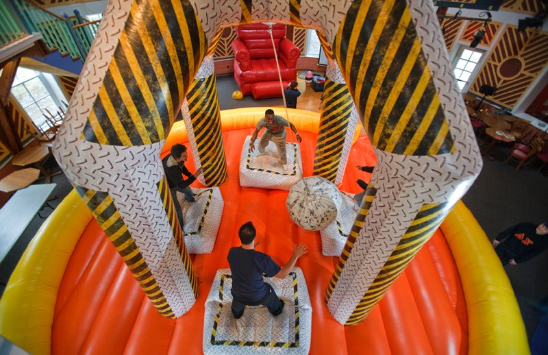 Overhead view of Wrecking Ball Inflatable rental from Bouncey House Rentals in Sacramento, CA showing 4-player arena layout