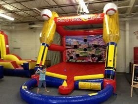 Batter Up Baseball inflatable game rental in Sacramento from Bouncey House Rentals, giant inflatable baseball batting game with scored target openings