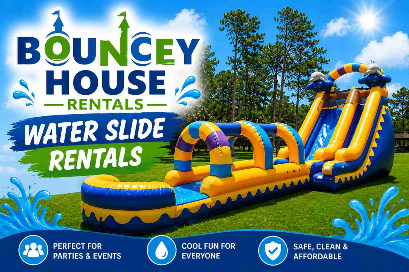 Tropical themed inflatable water slide with dolphin and palm trees, built-in splash pool, available for rent in Elk Grove, CA from Bouncey House Rentals