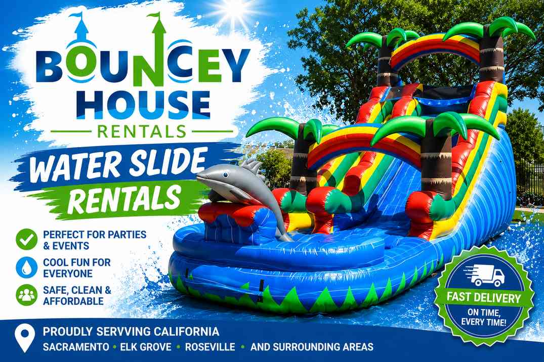 water slide rental in Elk Grove, CA showing a water slide with a dolphin on front from Bouncey House Rentals