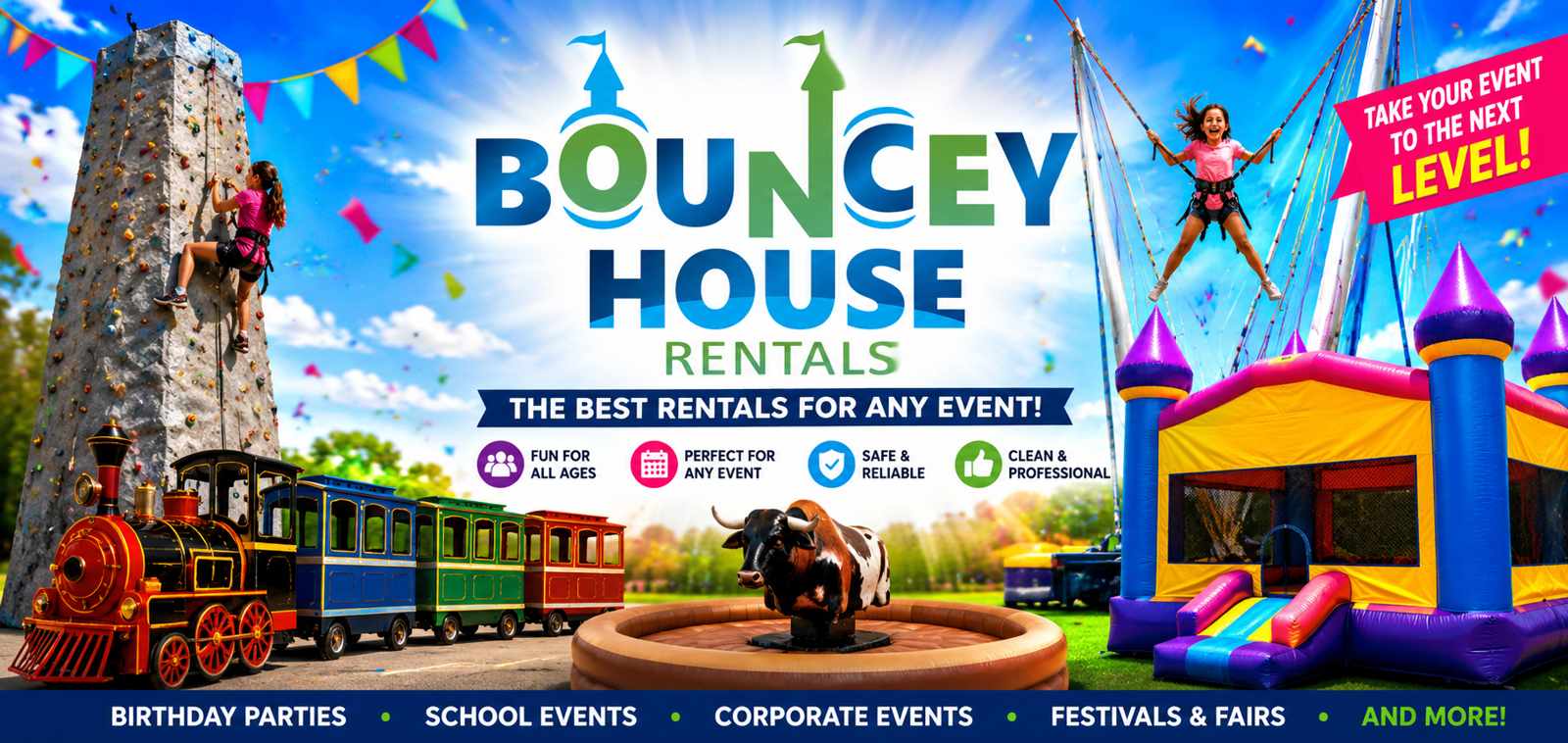 Extreme attraction rentals in Sacramento, CA from Bouncey House Rentals, mechanical bull and trackless train premium attractions for corporate events and graduation parties