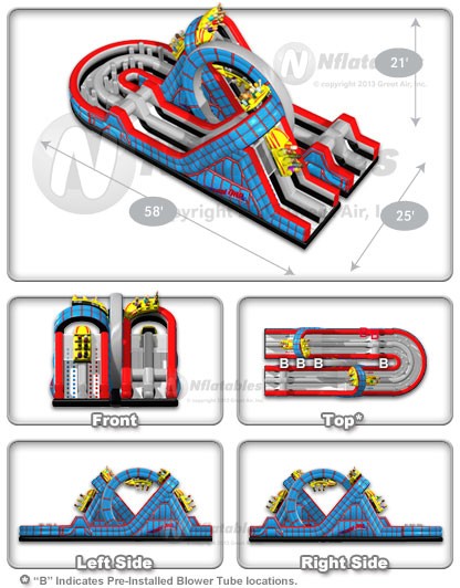 Wild Roller Coaster inflatable obstacle course layout and dimensions for rental in Sacramento, CA from Bouncey House Rentals