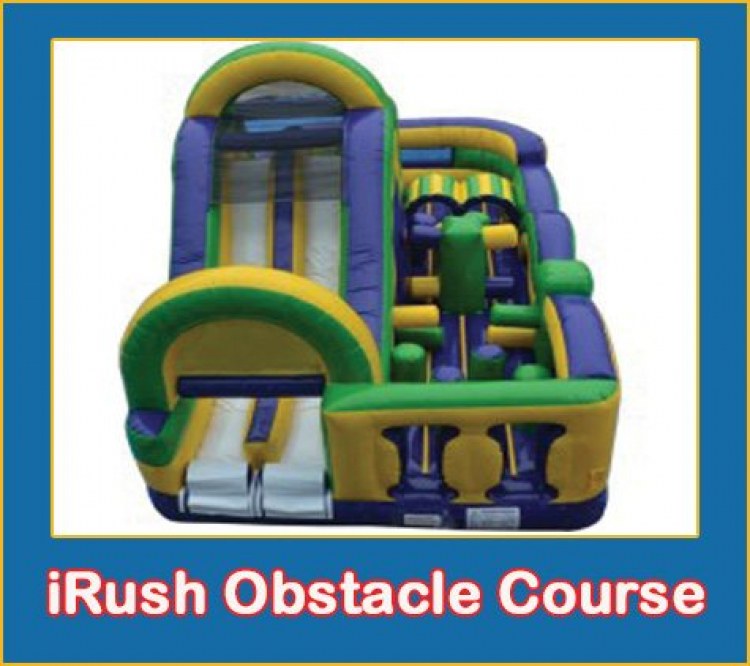 iRush inflatable obstacle course rental in Sacramento, CA from Bouncey House Rentals with squeeze-throughs, pop-ups, barrels, climber and slide