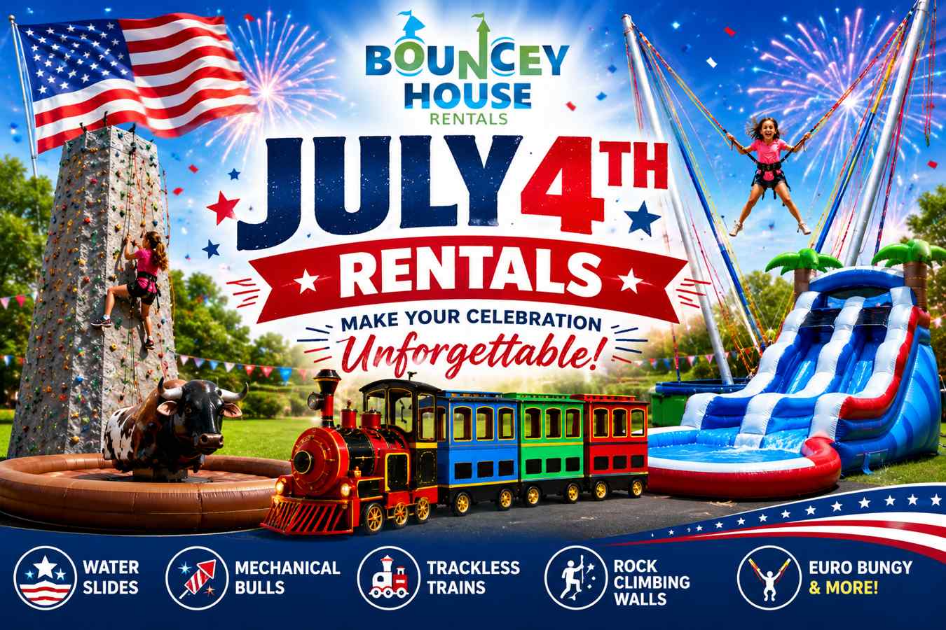 July 4th event rentals in Sacramento, CA from Bouncey House Rentals, inflatable water slides, bounce houses, dunk tanks, and extreme attractions for Independence Day community celebrations