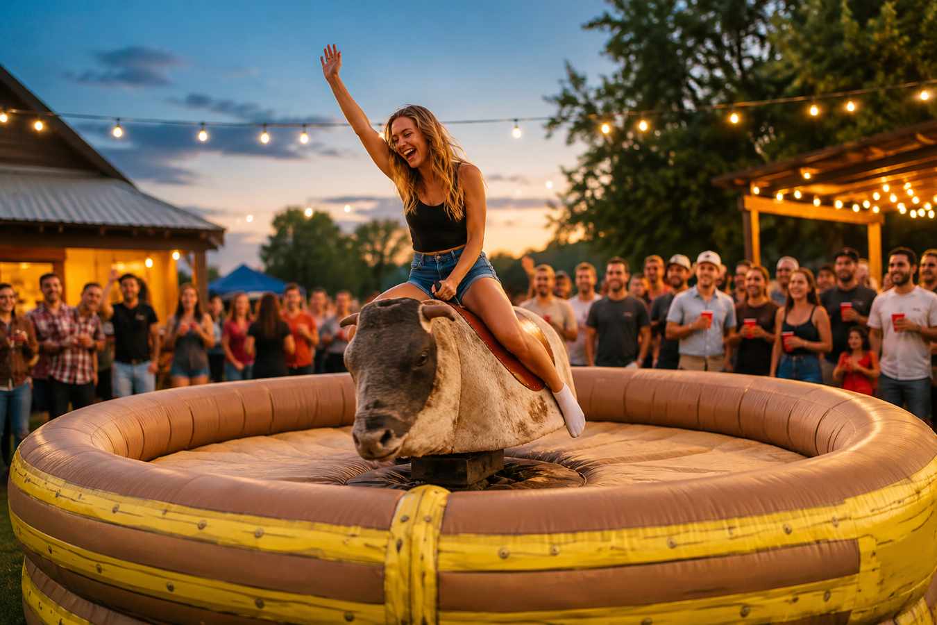 Mechanical bull rental in Loomis California — Bouncey House Rentals Striker the Party Bull at Placer County rural ranch event with guests cheering around padded inflatable arena in the Loomis Basin