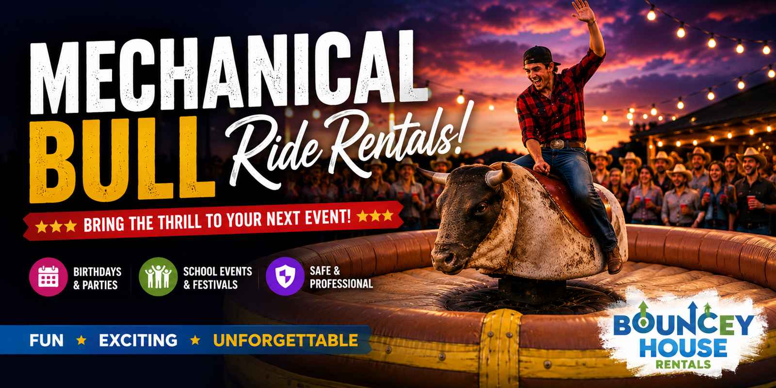 Mechanical bull rental in Loomis CA from Bouncey House Rentals — Striker the Party Bull commercial-grade rodeo bull ride in 20x20 padded inflatable arena at rural Placer County ranch event near Sierra College with trained operator