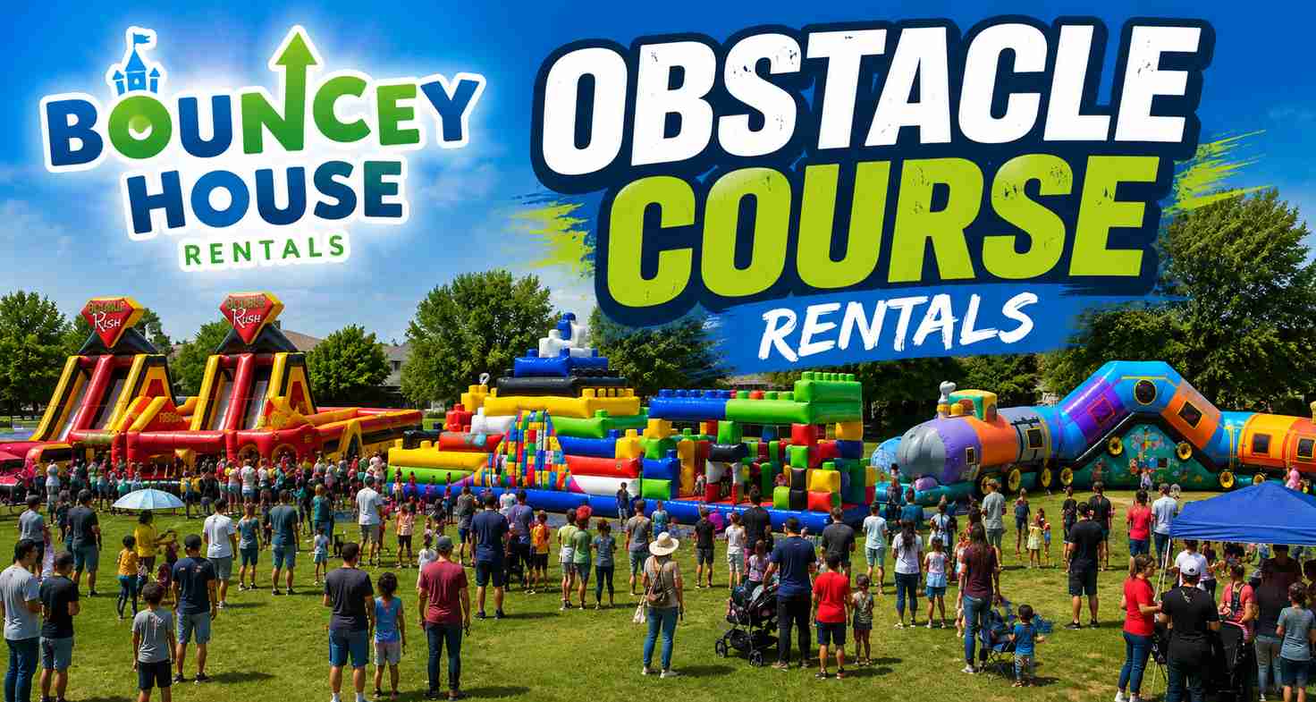 Inflatable obstacle course rentals in Elk Grove, CA from Bouncey House Rentals on a park field, with dual-lane racing, Lego-block, and train courses