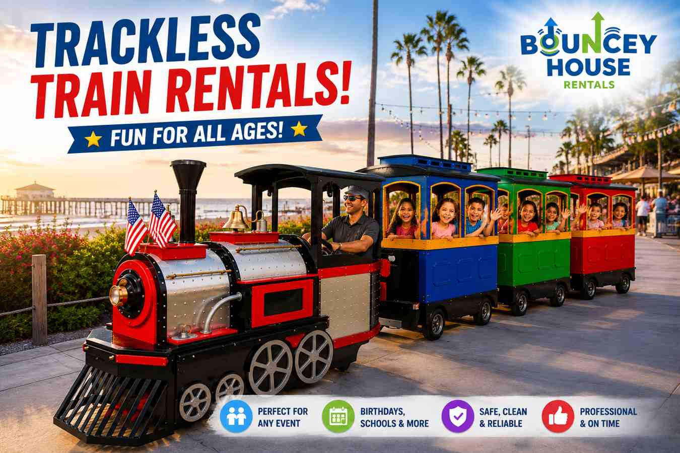 Party train ride rental in Elk Grove, CA from Bouncey House Rentals, trackless carnival train at community event showing engine and full passenger cars loaded with riders in Sacramento County
