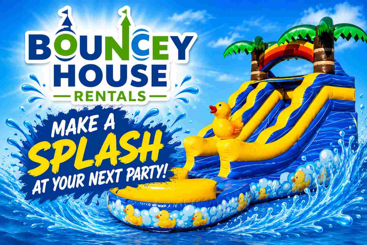 Yellow rubber ducky themed inflatable water slide rental in Rocklin, CA from Bouncey House Rentals with built-in splash pool