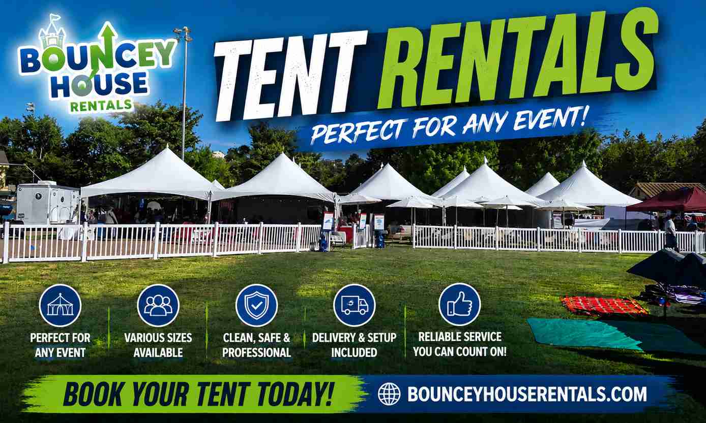 White party tent rental set up on a lawn for an outdoor event in Rocklin, CA from Bouncey House Rentals
