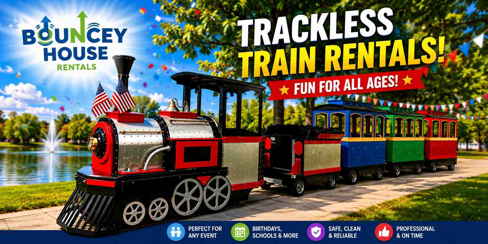 Trackless train rental in Elk Grove CA from Bouncey House Rentals, colorful kiddie carnival train with engine and four passenger cars for birthday parties, school carnivals, and HOA events throughout Sacramento County