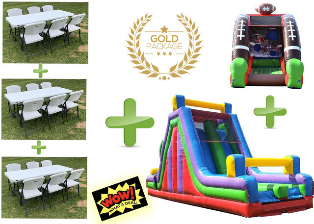 GOLD PACKAGE: 3 TABLES, 18 CHAIRS AND 2 Inflatables