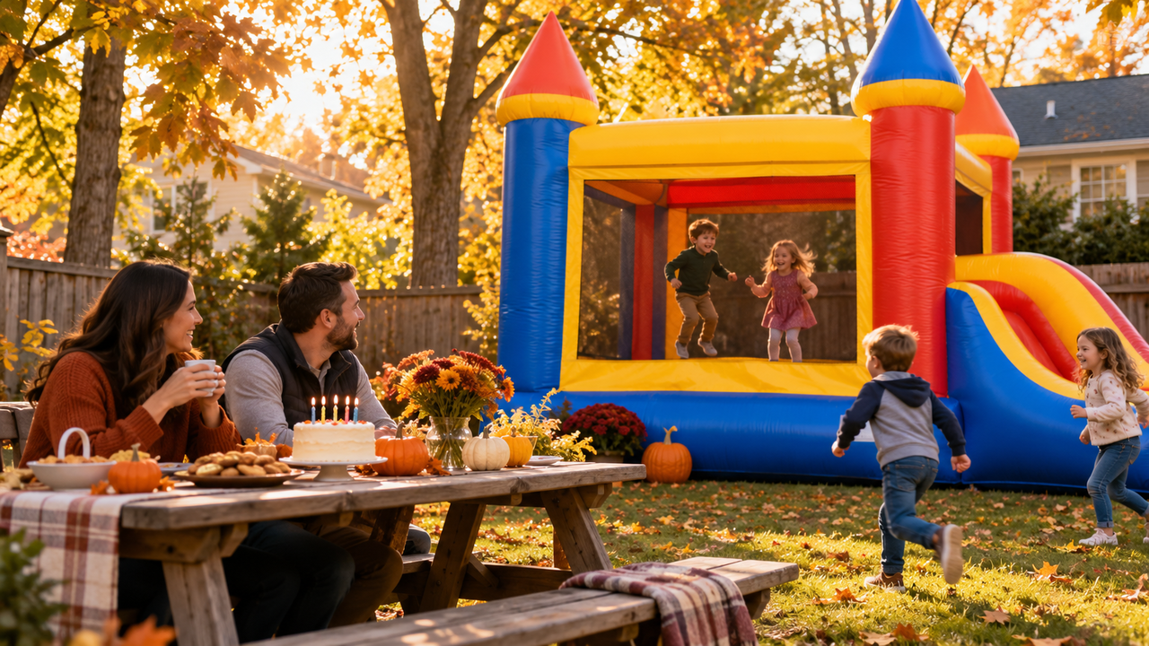 Fall backyard birthday party in Delaware with bounce house rental and autumn decorations