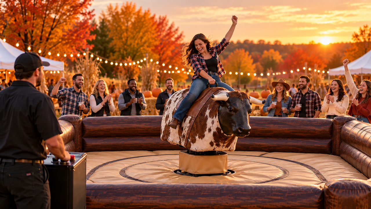 Big Wave Party Rentals mechanical bull with inflatable landing area at outdoor fall event