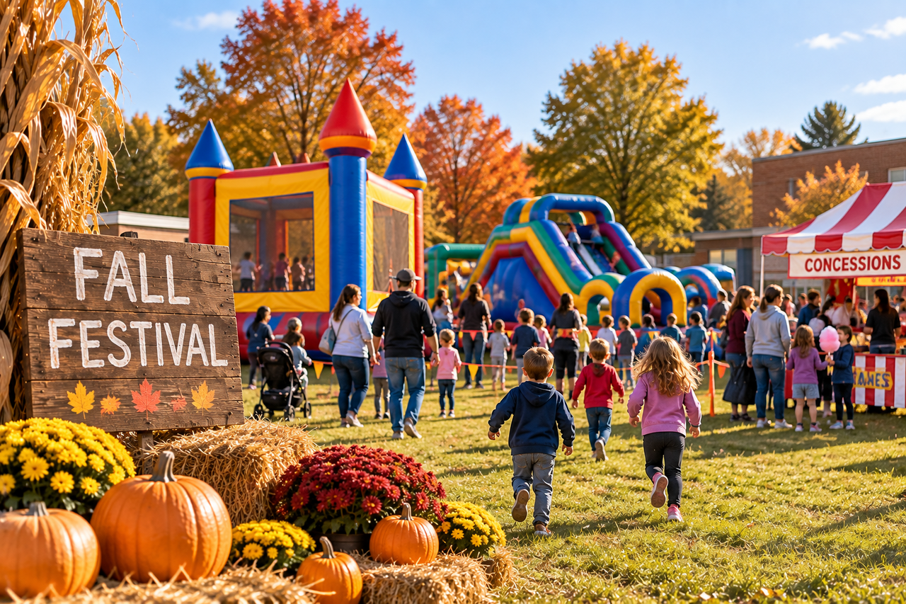 Fall festival inflatables setup in Newark, DE showing multiple attractions for different age groups