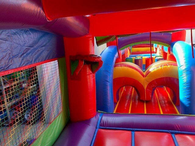 view from inside biloxi bounce house 68 ft obstacle course