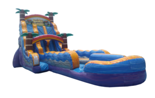 <b><font color=blue><b>**BRAND NEW 2023**<b><font color=red><b> 24 Ft Double Lane Tiki Plunge EXTENDED LANE Water Slide</font><br><small>Best for ages 6+<br><font color = blue>Size 38'L x 18'W x 24H</font></b>