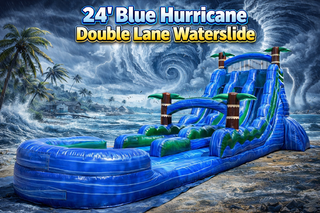 <b><font color=red><b>24 FOOT BLUE HURRICANE DOUBLE LANE WATERSLIDE w/Inflated Pool </font><br><small>Best for ages 6+<br><font color = blue>Size 38'L X 18'W X 24'H</font></b></small>