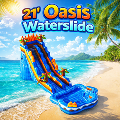 <b><font color=red>21' Oasis Palm WATERSLIDE</font><br><small>Best for ages 5+<br><font color=blue>Size 37'L x 15'W x 21'H</font></b>
