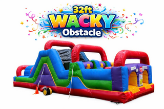 <b><font color=red><b>32 Ft Wacky 7 Element Obstacle Course </font><br><small>Best ages 4+<br><font color = blue>Size 32L X 11W X 12H</font></b>