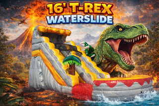 <b><font color=red>16' T-REX WATERSLIDE </font><br><small>Best for ages 4+<br><font color=blue>Size 24'L x 10'W x 16'H</font></b> 