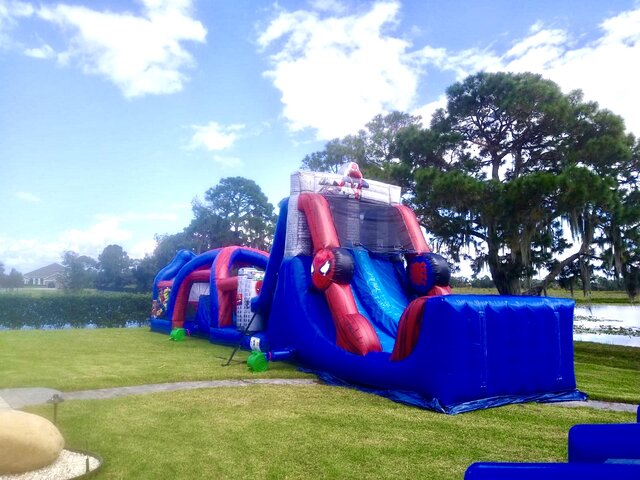 Spiderman 50 feet long Obstacle Course and Waterslide
