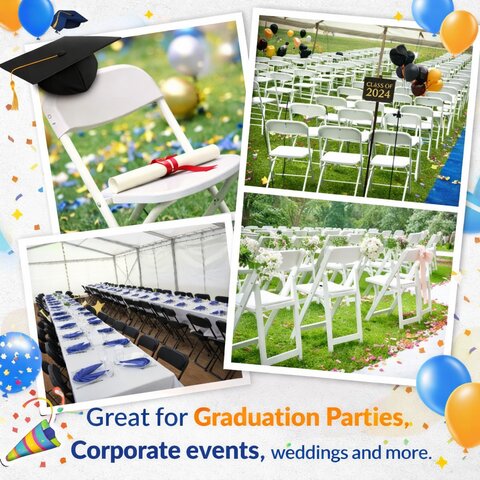 White folding chairs arranged under tent for graduation party rental