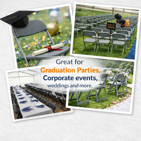 Charcoal gray folding chairs arranged under tent for graduation party in Maine