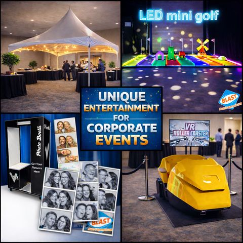 Unique corporate event entertainment rentals including LED mini golf, photo booth, VR roller coaster, and high peak tent rental in Maine and New Hampshire