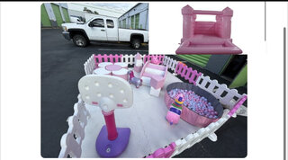 pink and white toddler with pink wedding bounce house 