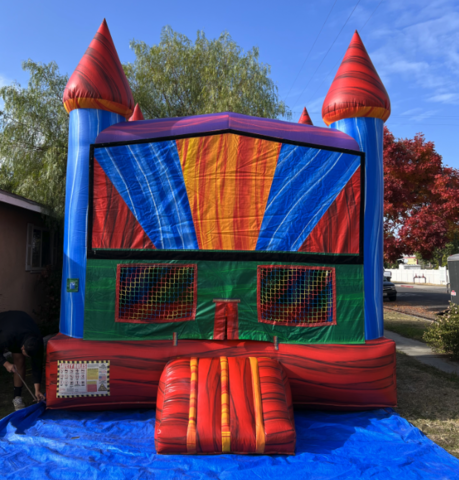 RAINBOW BOUNCE HOUSE WITH MINI BASKETBALL HOOP