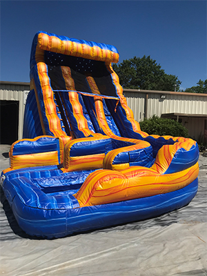 Angled view of the 18' foot water slide trimmed with orange with a deep blue color.