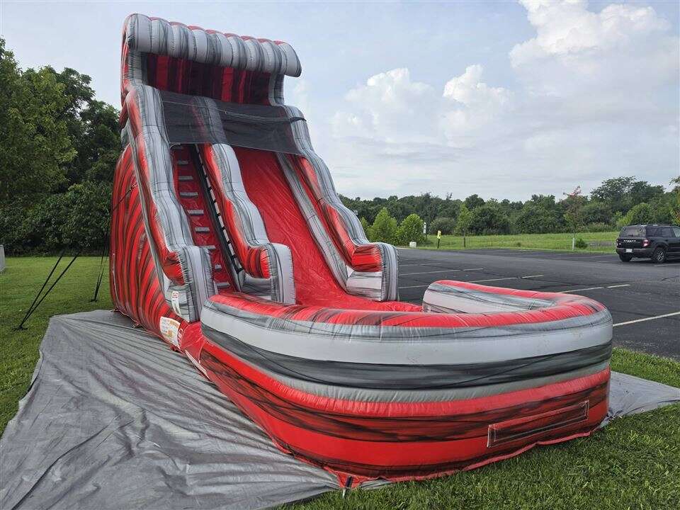 Red Lava Wave inflatable water slide set up at the Hindu Temple of Greater Cincinnati near Eastgate