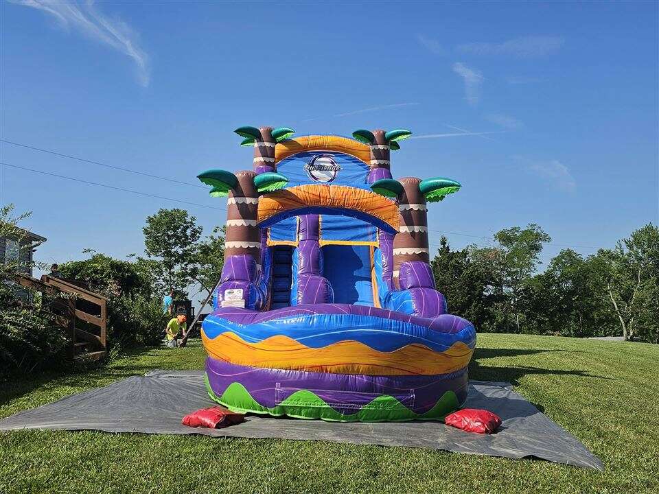 Purple tropical Paradise Plunge inflatable water slide set up in a yard in Falmouth, Kentucky