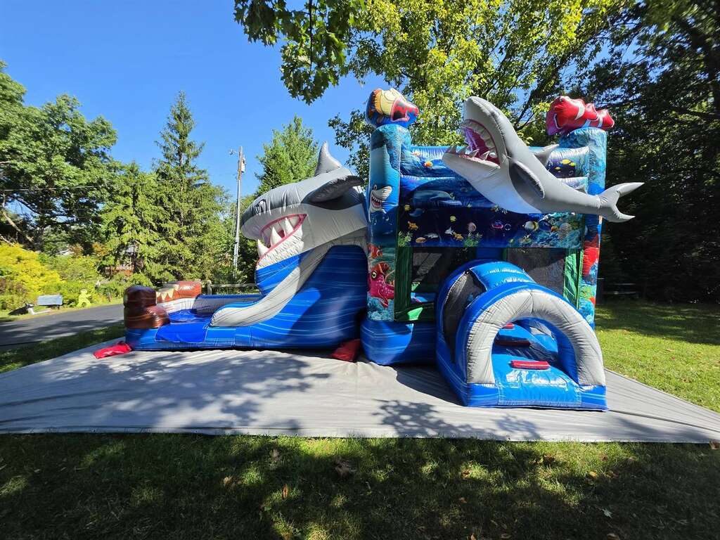 Shark-themed bounce house and slide combo set up for a party in Madeira, Ohio