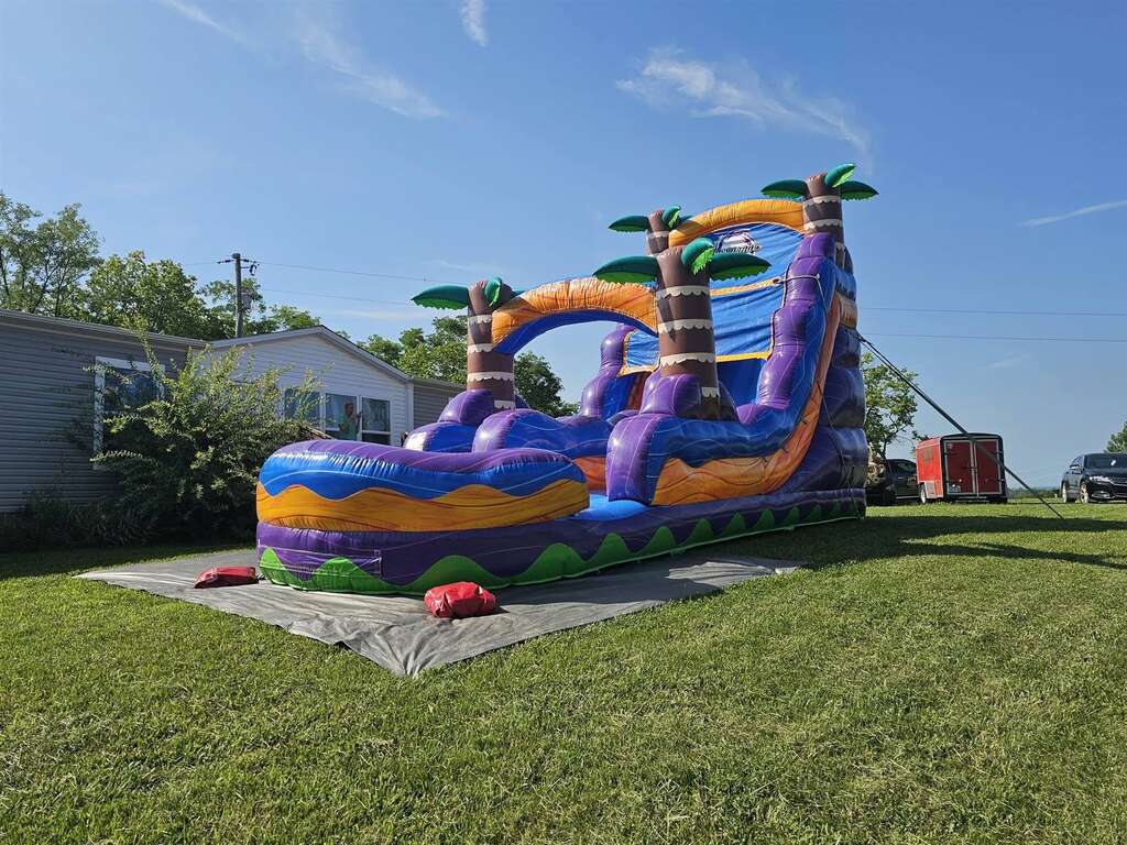 Purple tropical inflatable water slide set up at a party in Northern Kentucky