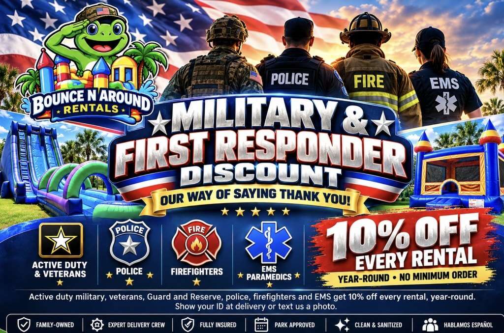 Military and first responder discount, 10% off every party rental year-round in Saint Cloud, Kissimmee and Orlando, FL