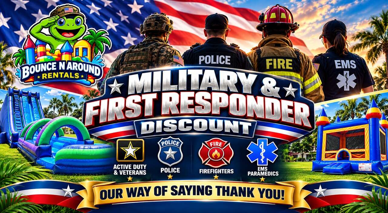 Military and first responder discount: 10% off bounce house, water slide and party rentals in Saint Cloud, Kissimmee and Orlando, FL for active duty, veterans, police, firefighters and EMS
