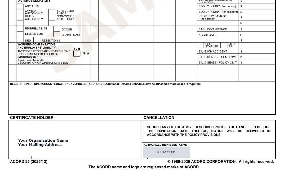 Bottom half of the sample certificate of insurance with the Certificate Holder box reading Your Organization Name and the authorized signature redacted