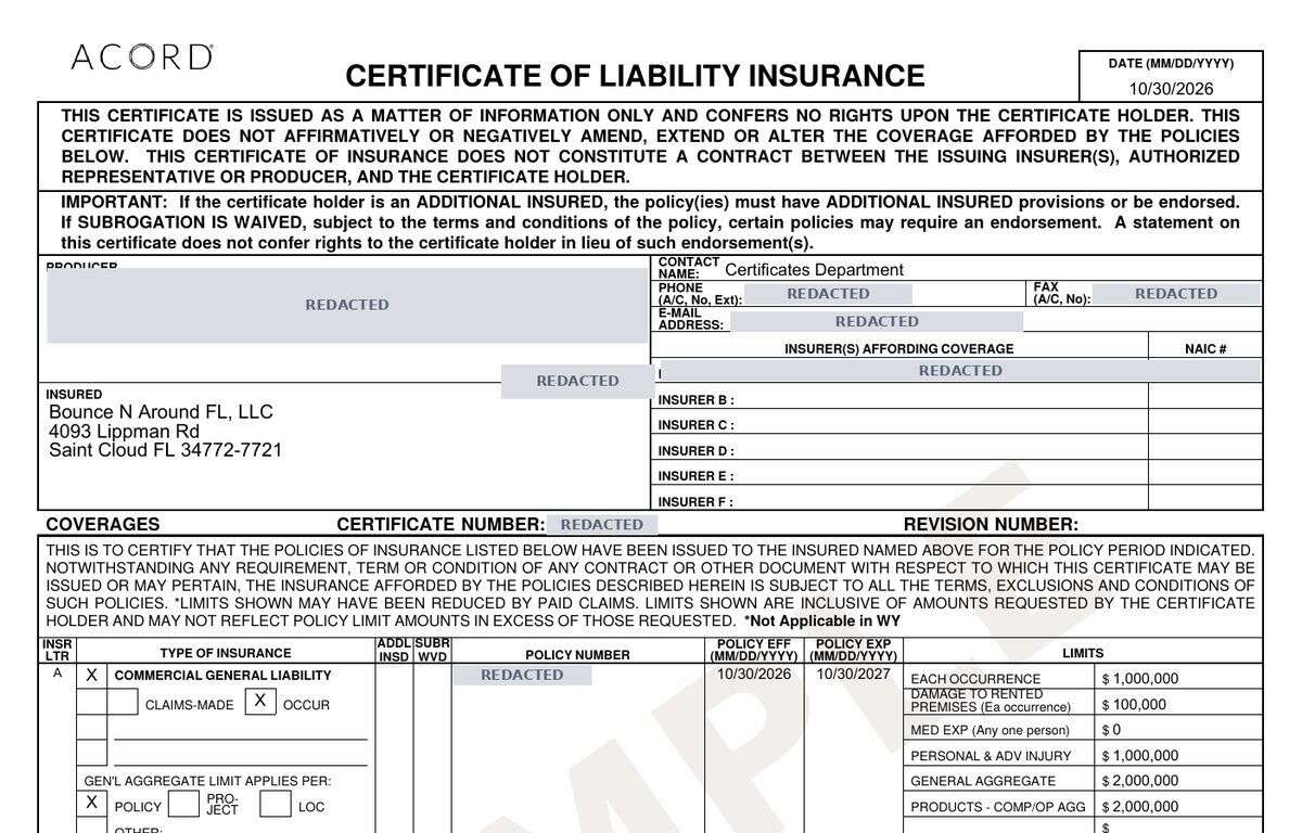 Top half of a sample ACORD 25 certificate of liability insurance for Bounce N Around Rentals showing commercial general liability coverage of $1,000,000 per occurrence and $2,000,000 aggregate, marked SAMPLE