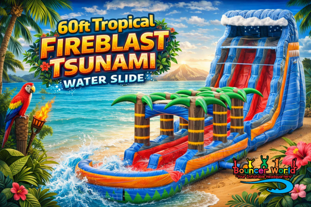 60FT TROPICAL FIREBLAST TSUNAMI DUAL LANE SLIDE WITH SLIP-N-SLIDE