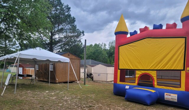1 BACKYARD PARTY PACKAGE WITH BOUNCER, TENT, 2 TABLES, & 12 CHAIRS