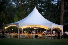 40' HEXAGON HIGH PEAK TENT PACKAGE<br><font color = blue>INCLUDES (8) ROUND TABLES, (2) RECTANGLE TABLES & (64) RESIN GARDEN CHAIRS</font>