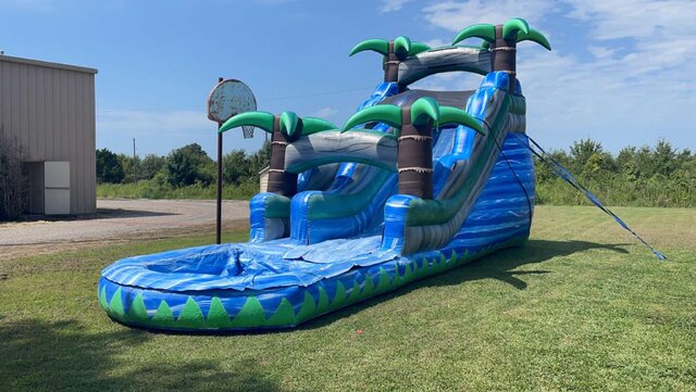 15ft Blue Palm Tree Single Lane Waterslide