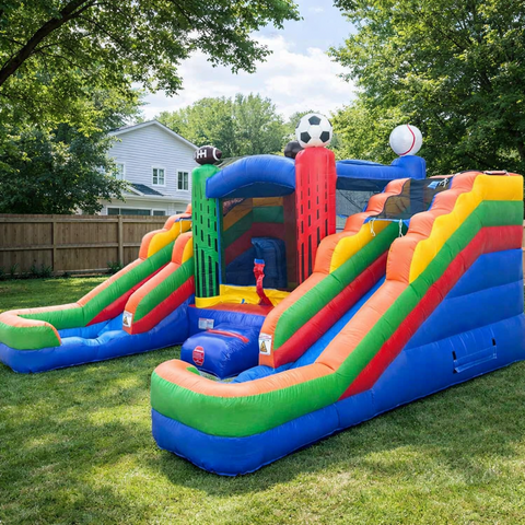 Sports-Themed Bounce House with Dual Slides 