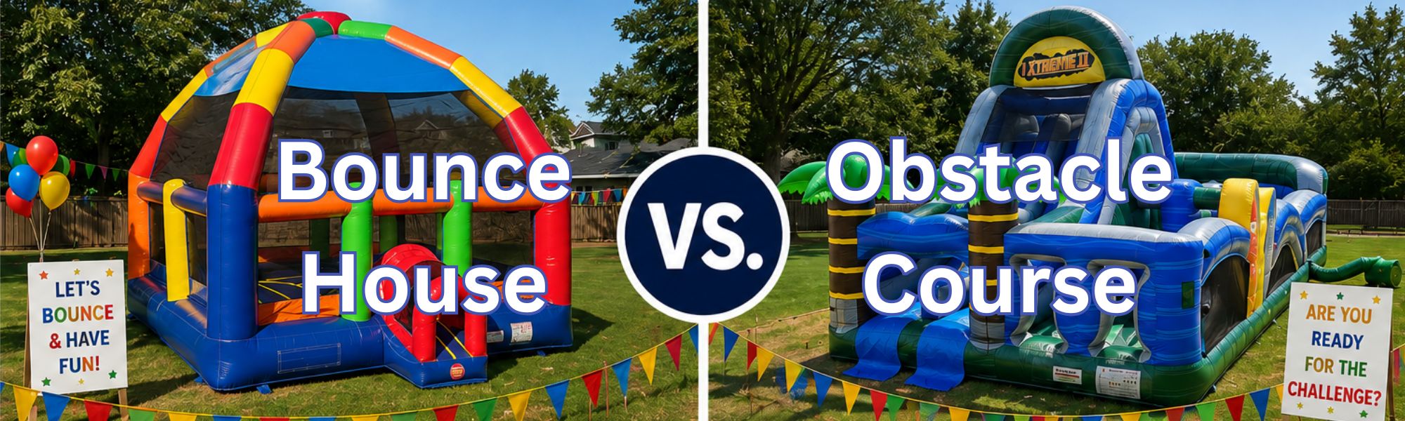 Colorful tropical themed bounce house with palm tree decorations