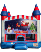 <b><font color=blue><b>Happy Holidays Bounce House w/Basketball Hoop Inside</font><br><small>Best for ages 4+<br> <font color=red>Space Needed 15 W x 15 D x 16 H</font></b></small>