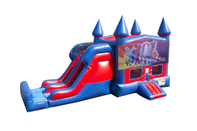 Trolls 7' Double Lane Dry Slide With Bounce House