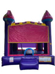 A Purple and Pink Castle Bounce House with Basketball Goal