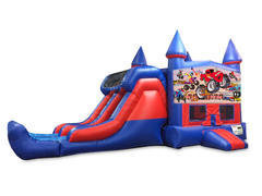 Monster Wheels 7' Double Lane Dry Slide With Bounce House